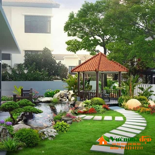mẫu hồ cá koi và chòi lục giác