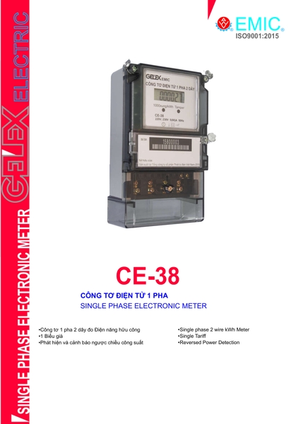 Công tơ điện tử 1 pha 2 dây GELEX EMIC CE-38 - Có kiểm định
