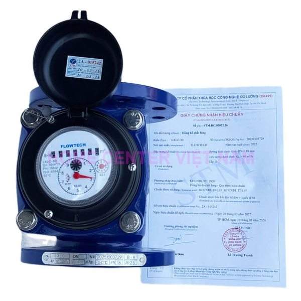 Flowtech DN80 - Đồng hồ đo lưu lượng nước sạch, thân gang có hiệu chuẩn