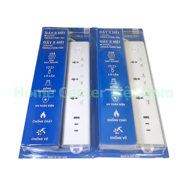 Ổ cắm 3 - 3 chấu + USB - C 20W (dây 3 mét)