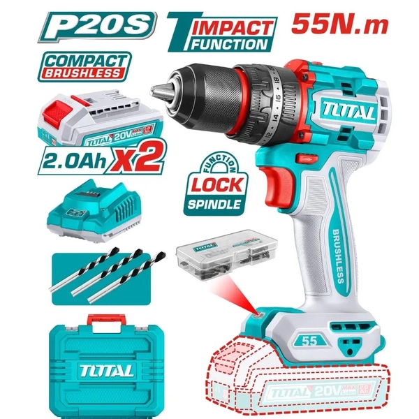 Máy khoan búa không chổi than dùng pin 20V Total TIDLI20558 + Kèm 2 pin 2.0Ah (TFBLI20011) + 1 bộ sạc (TFCLI2001) + 47 linh kiện & 3 mũi khoan