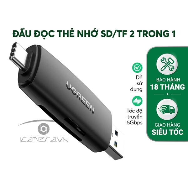 Đầu đọc thẻ nhớ SD/TF 2 trong 1 USB-A & USB-C Ugreen 80191