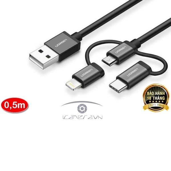 Ugreen 30783 – Cáp sạc 3 trong 1 Micro USB/ USB Type C/ Lightning dài 0,5m chính hãng