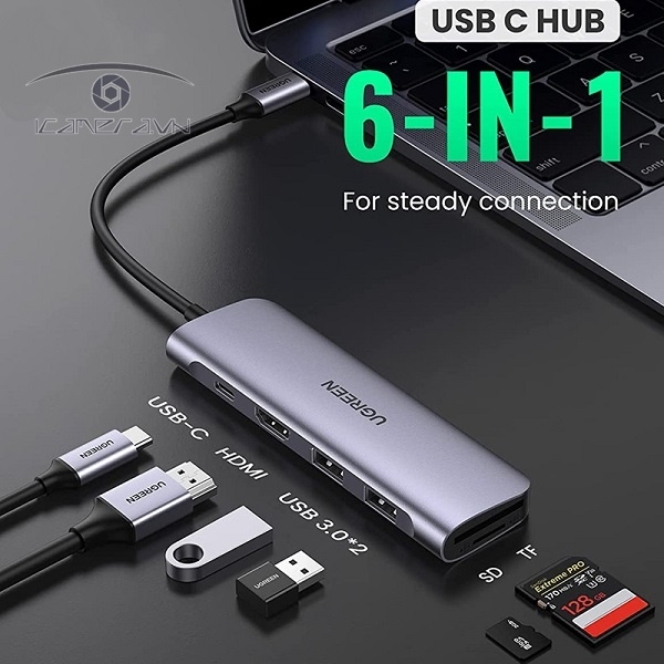 Hub USB Type C 6 in 1 to HDMI, USB 3.0, đọc thẻ SD/TF, PD USB C Ugreen 70411