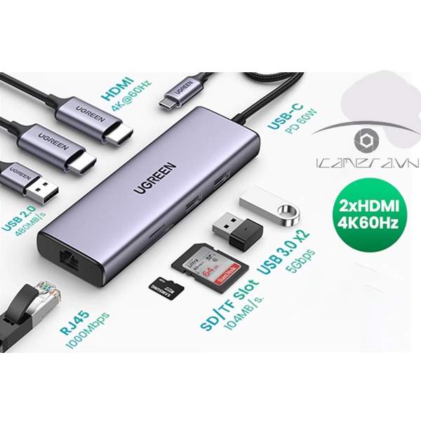 Hub USB Type C to 2 HDMI, USB 3.0, Lan, Sạc PD, đọc thẻ SD/TF Ugreen 90119