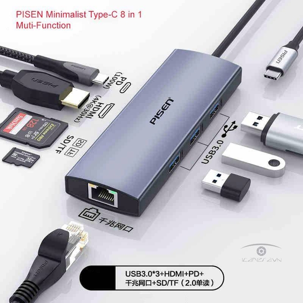 Bộ chuyển đổi đa năng 8 trong 1 Type-C PISEN Minimalist