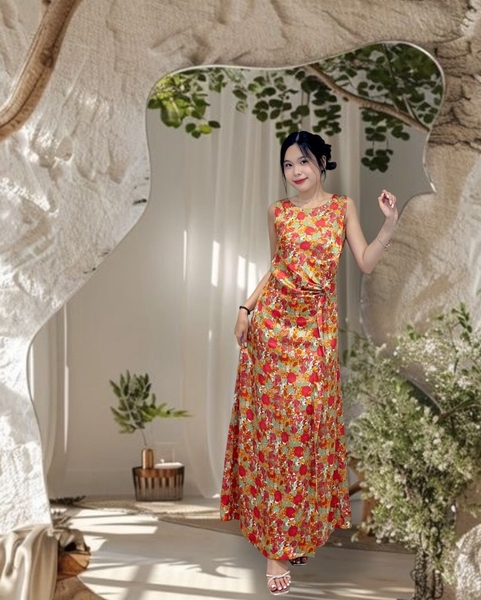 Đầm maxi cổ thuyền bèo xếp eo 1 bên 2l