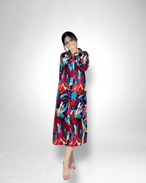 Đầm maxi xẻ nút tay dài + dây eo - bâu, tay viền đen - lụa