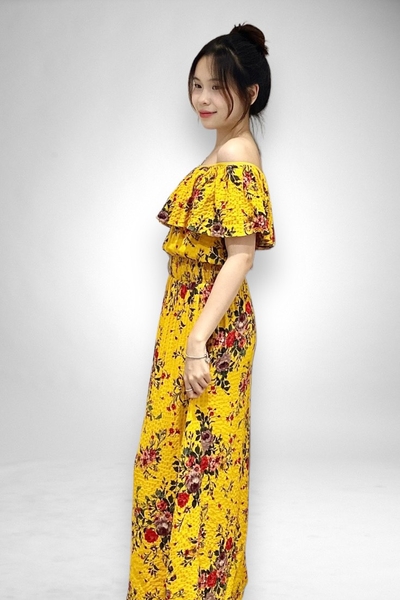 Đầm maxi cổ bèo eo thun chỉ