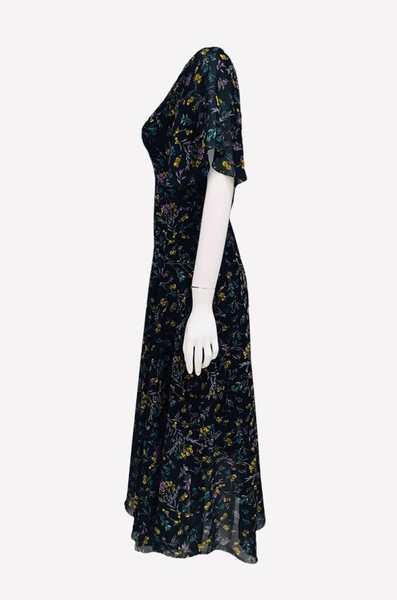 Đầm maxi tay ngắn, cổ tim lưới rã eo tùng rộng