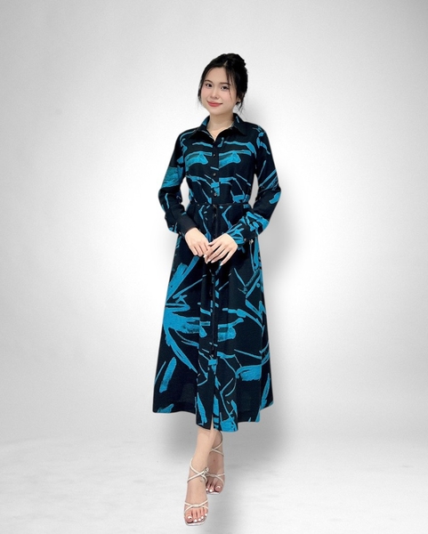 Đầm maxi xẻ nút tay dài, bâu, tay viền đen + nịt chuông đen