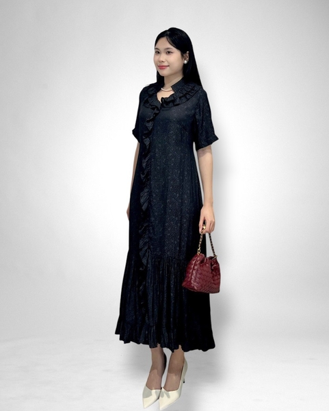 Đầm maxi tay ngắn suông tùng dún, cổ V bèo, 2l, dk sau