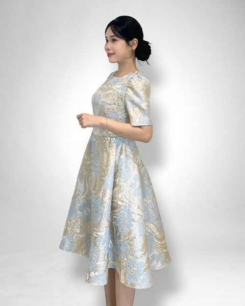 Đầm cổ thuyền tay ngắn dún, tùng xoè, dk sắt