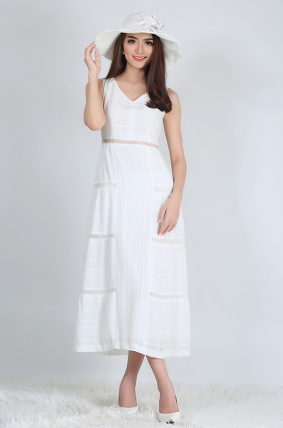 Đầm maxi tầng cổ thuyền rã eo ghép ren