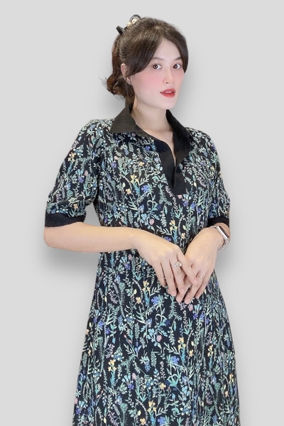 Đầm smi cổ mổ trụ, tay ngắn măng sết