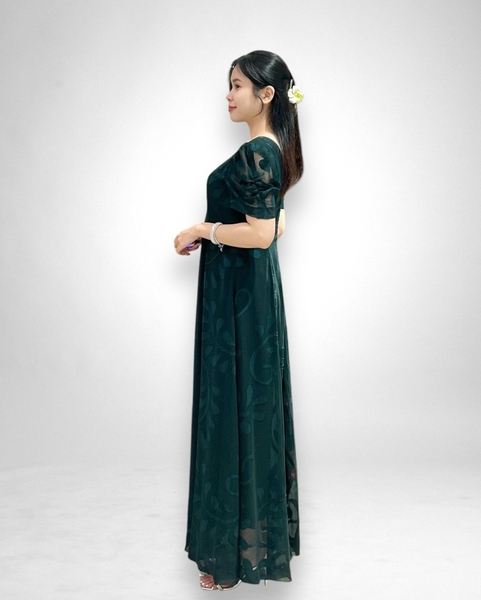 Đầm maxi 6 mảnh cổ tim tay ngắn -  voan ép xanh rêu