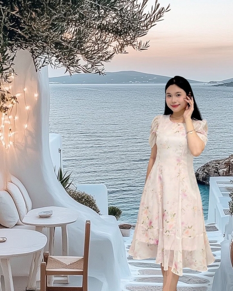 Đầm cổ tròn trước V sau, 6 mảnh tay ngắn dún, voan kem hoa hồng, 2 lớp