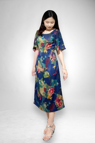 Đầm maxi cổ tim tay cánh tiên rút eo