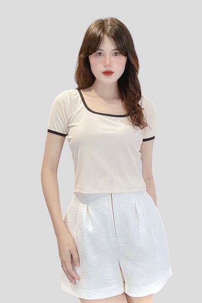Áo croptop cổ U viền tay ngắn - thun cotton sọc tăm