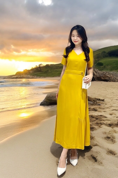 Đầm cổ tim đắp tùng rã dún tay ngắn