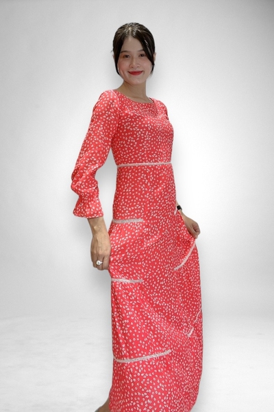 Đầm maxi tay dài, tầng cổ tim rã eo ghép ren