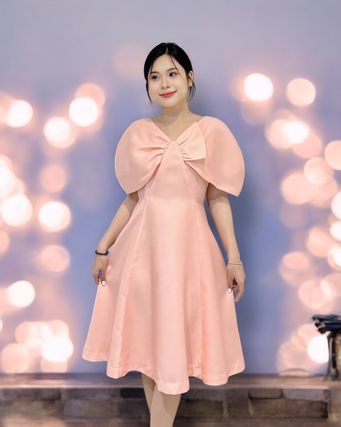 Đầm tiệc vai chụp tùng xòe, nơ 1 bên 2l - hồng dâu