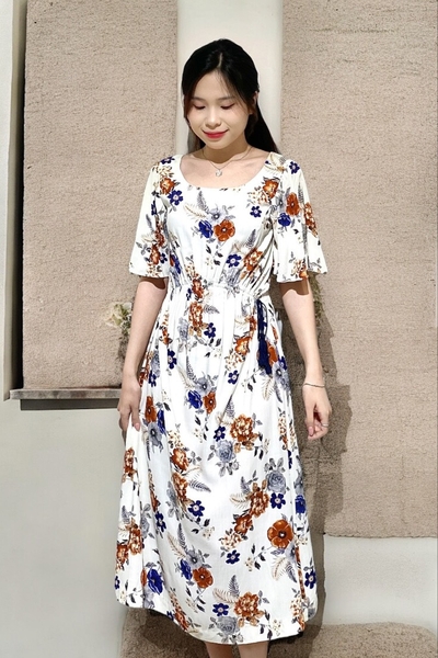 Đầm maxi cổ tim tay cánh tiên rút eo