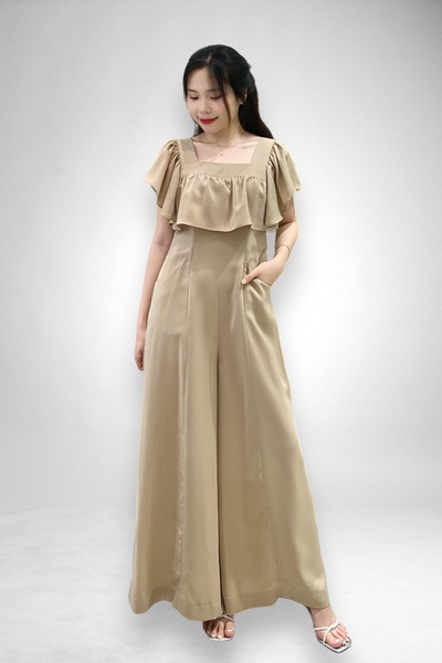 Jumsuit cổ vuông bèo, 2 túi trước - nude