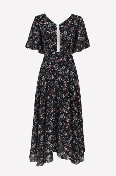 Đầm maxi tay ngắn, cổ tim lưới rã eo tùng rộng