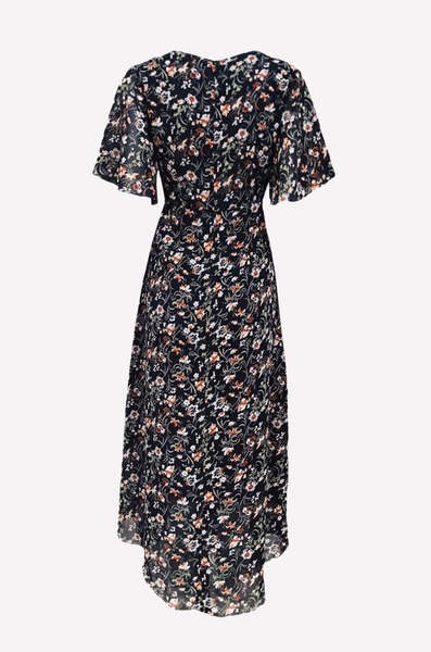 Đầm maxi tay ngắn, cổ tim lưới rã eo tùng rộng