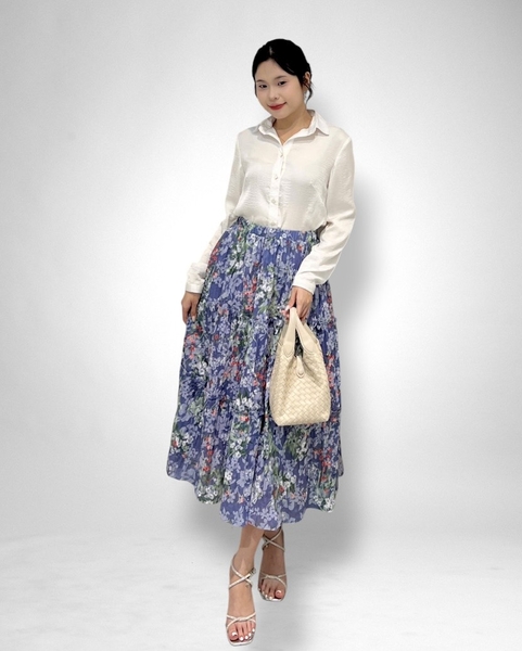 Váy 3 tầng dún, lưng thun - boy dập xanh hoa - 2l