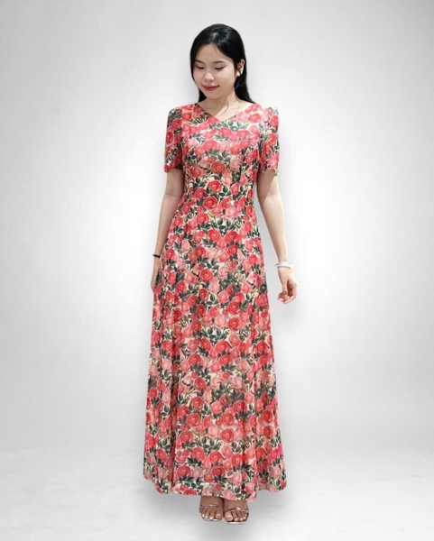 Đầm maxi 6 mảnh cổ tim tay ngắn 2 lớp -  voan kem hoa hồng