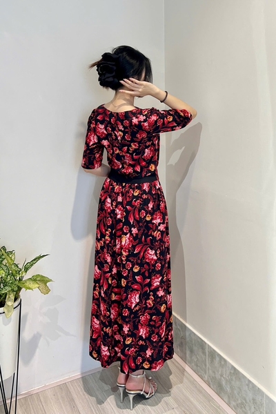 Đầm maxi rã eo cài nút sau, thun sau, tay ngắn