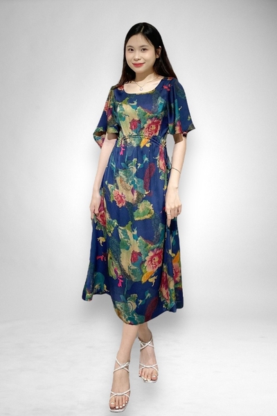 Đầm maxi cổ tim tay cánh tiên rút eo