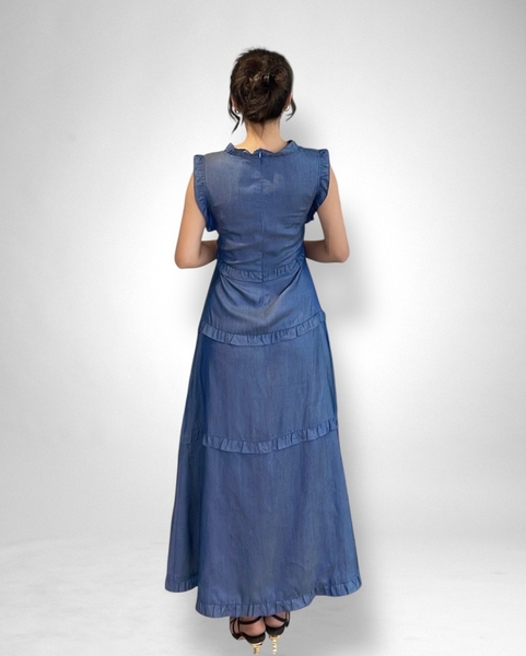 Đầm maxi cổ V rã tầng viền ren đen
