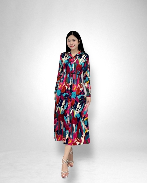 Đầm maxi xẻ nút tay dài + dây eo - bâu, tay viền đen - lụa