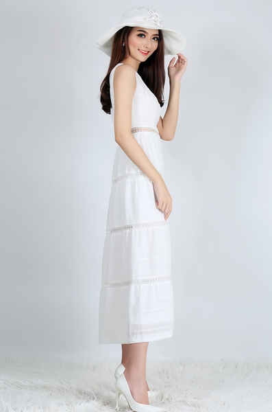 Đầm maxi tầng cổ thuyền rã eo ghép ren