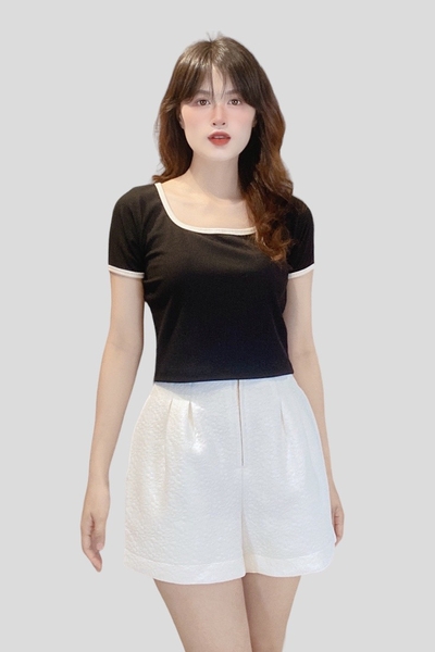 Áo croptop cổ U viền tay ngắn - thun cotton sọc tăm