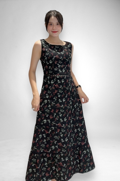 Đầm maxi tầng cổ thuyền rã eo ghép ren