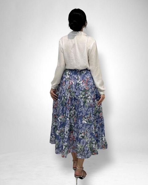 Váy 3 tầng dún, lưng thun - boy dập xanh hoa - 2l