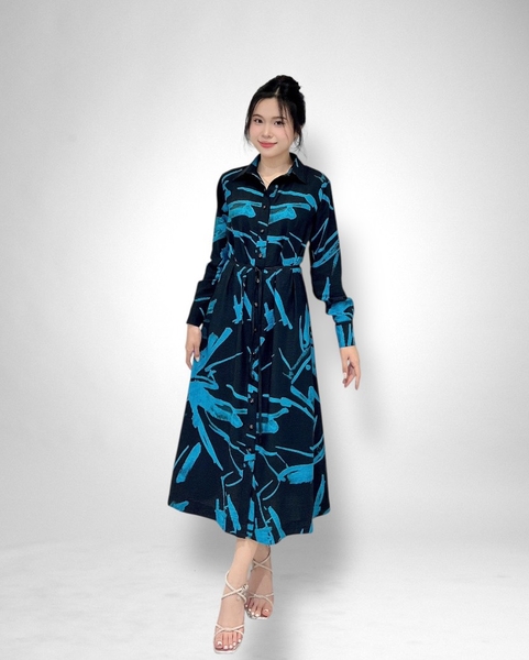 Đầm maxi xẻ nút tay dài, bâu, tay viền đen + nịt chuông đen