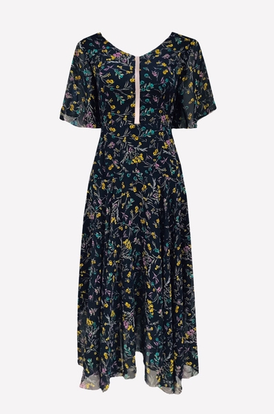 Đầm maxi tay ngắn, cổ tim lưới rã eo tùng rộng