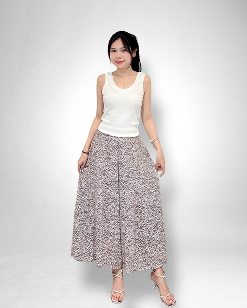 Quần ống rộng n mảnh lưng thun - tơ sống kem hoa văn nâu
