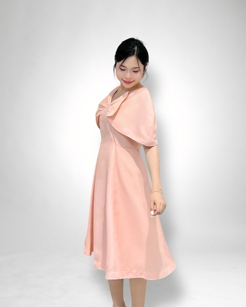 Đầm tiệc vai chụp tùng xòe, nơ 1 bên 2l - hồng dâu