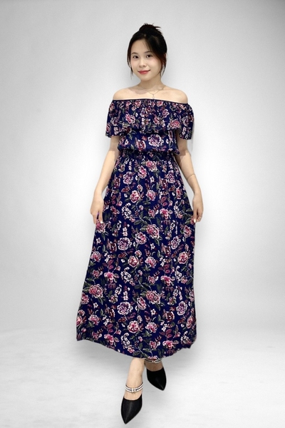 Đầm maxi cổ bèo eo thun chỉ