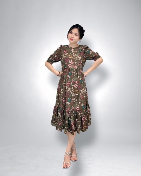 Đầm suông tay lỡ bèo lai bông chân 2l - voan nâu hoa