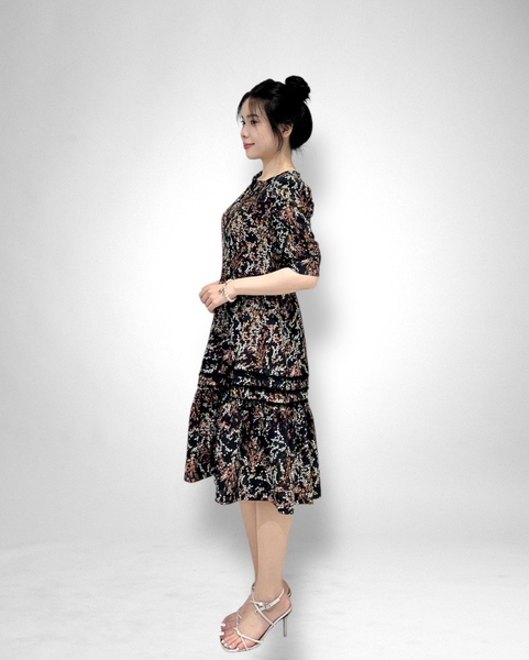 Đầm suông tay lỡ bèo lai bông chân 2l - voan đen hoa