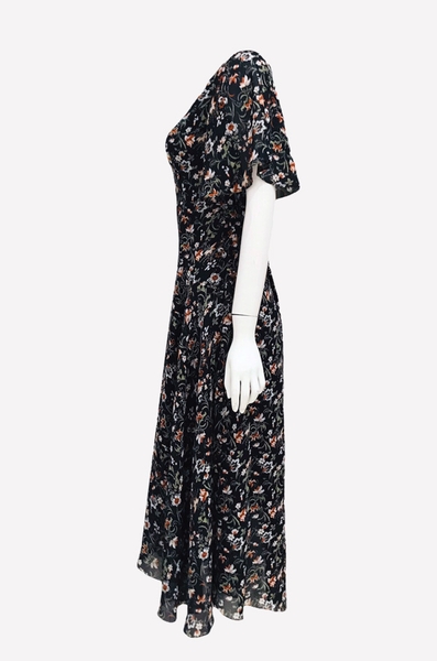 Đầm maxi tay ngắn, cổ tim lưới rã eo tùng rộng