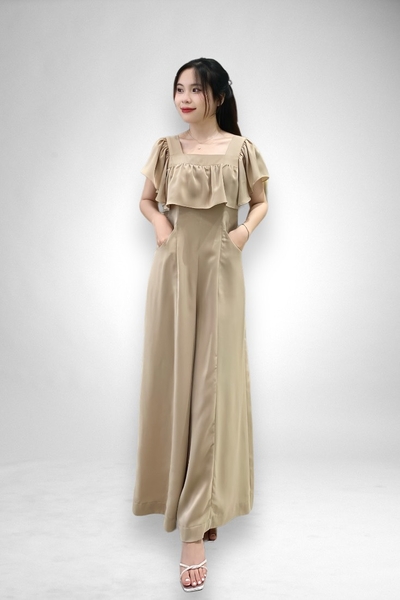 Jumsuit cổ vuông bèo, 2 túi trước - nude