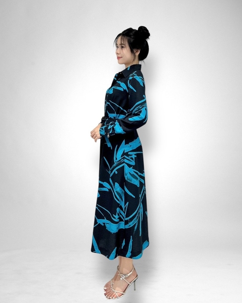 Đầm maxi xẻ nút tay dài, bâu, tay viền đen + nịt chuông đen